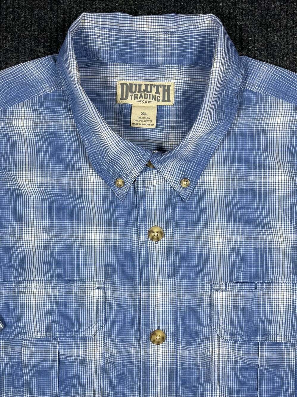 Duluth Trading Co Men XL Blue Plaid Short Sleeve Button Down Shirt